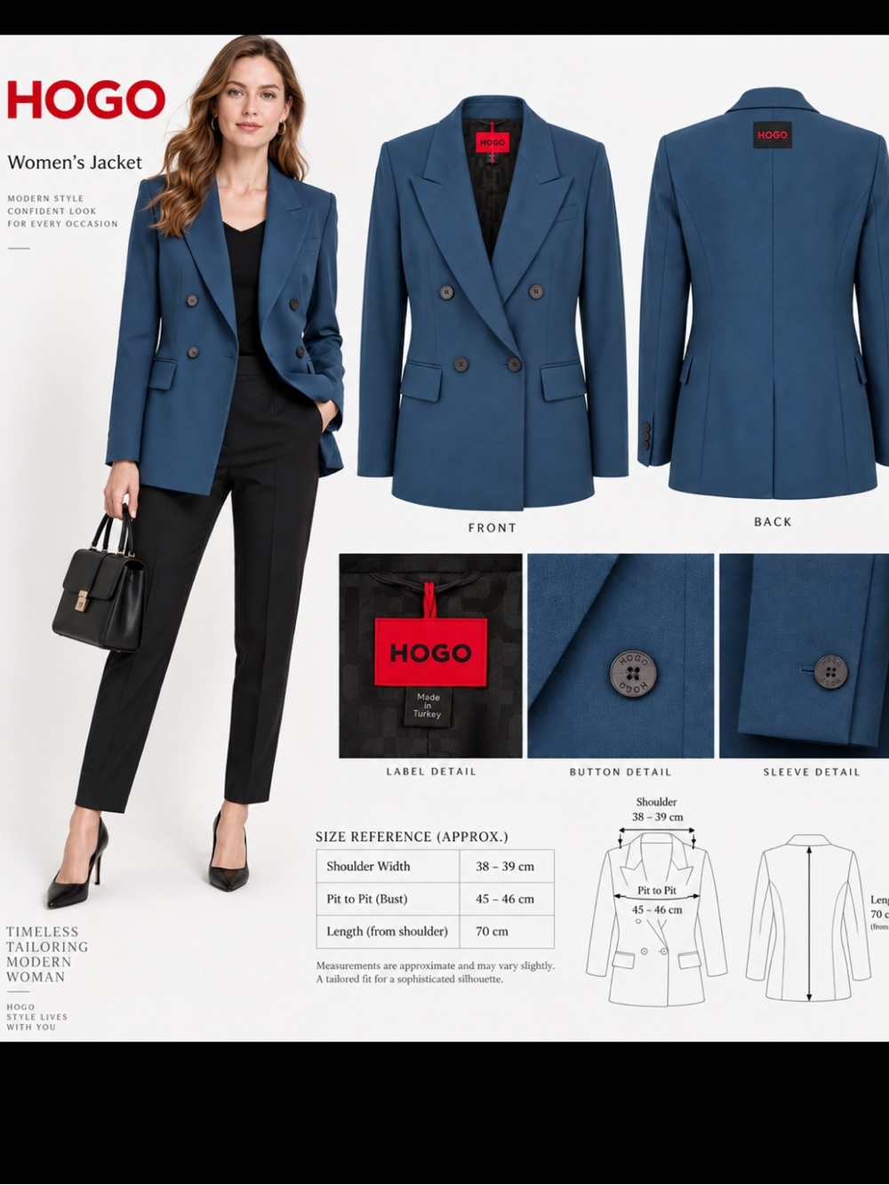 HUGO Double-Breasted Blue Blazer Jacket US 32